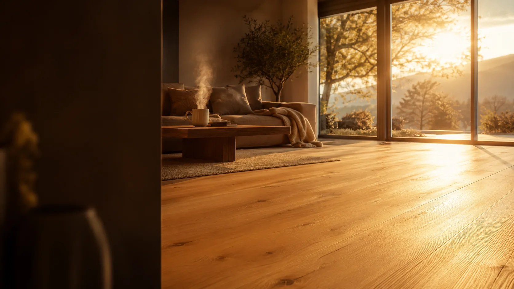 Wohnzimmer im warmen Abendlicht mit Holzboden, Sofa und dampfender Tasse vor großen Fenstern