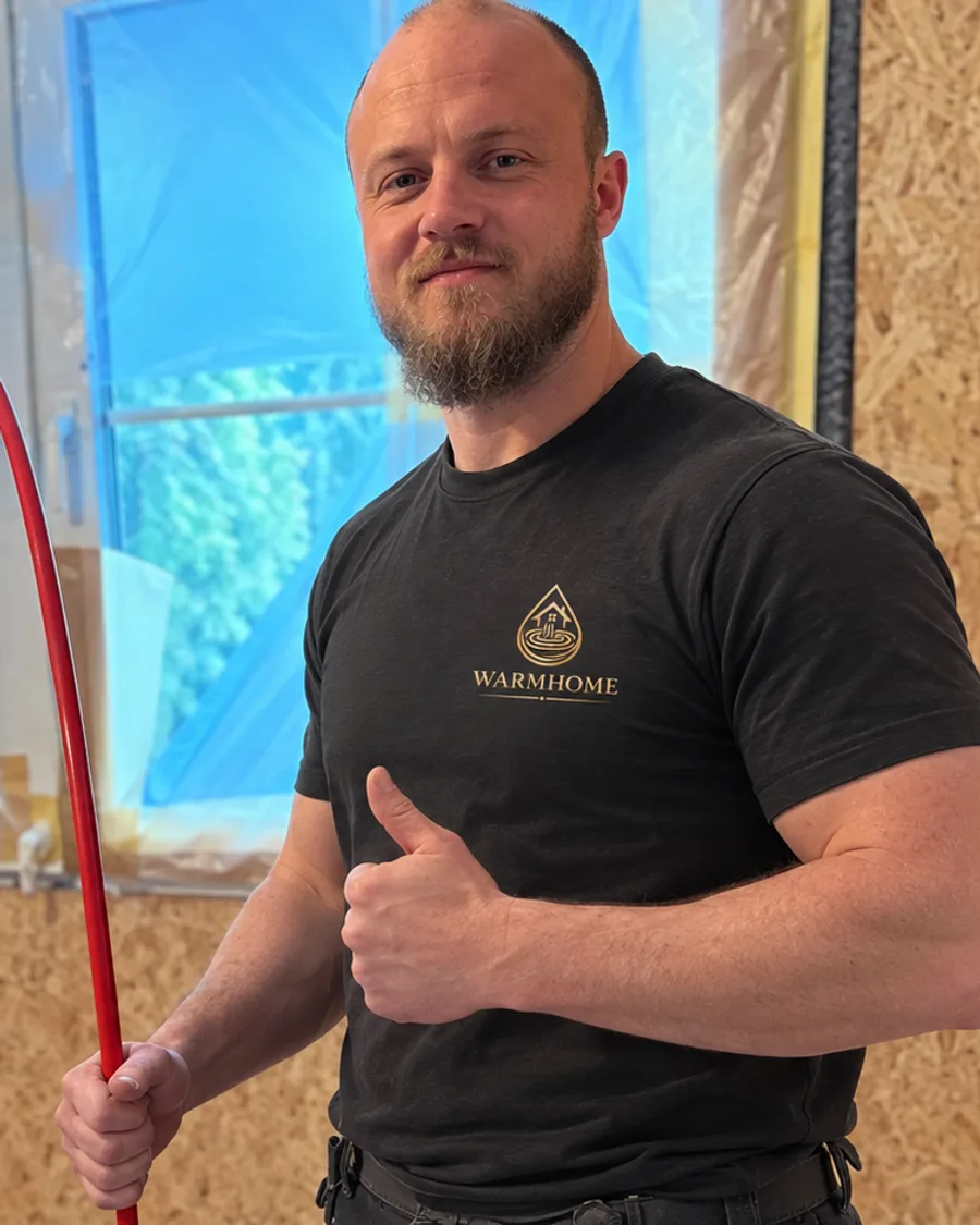 Daniel Hieb, Inhaber von Warmhome, im Firmenshirt mit Heizrohr auf der Baustelle